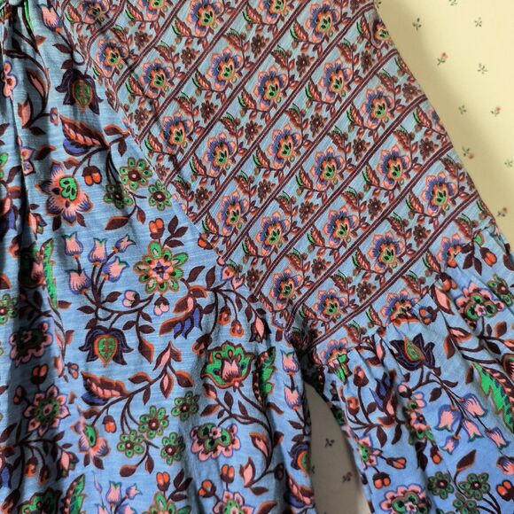Boden Top Size 6 Blue Paisley Floral Mixed Prints Button-Up Bobble Trim Cotton - Picture 4 of 16